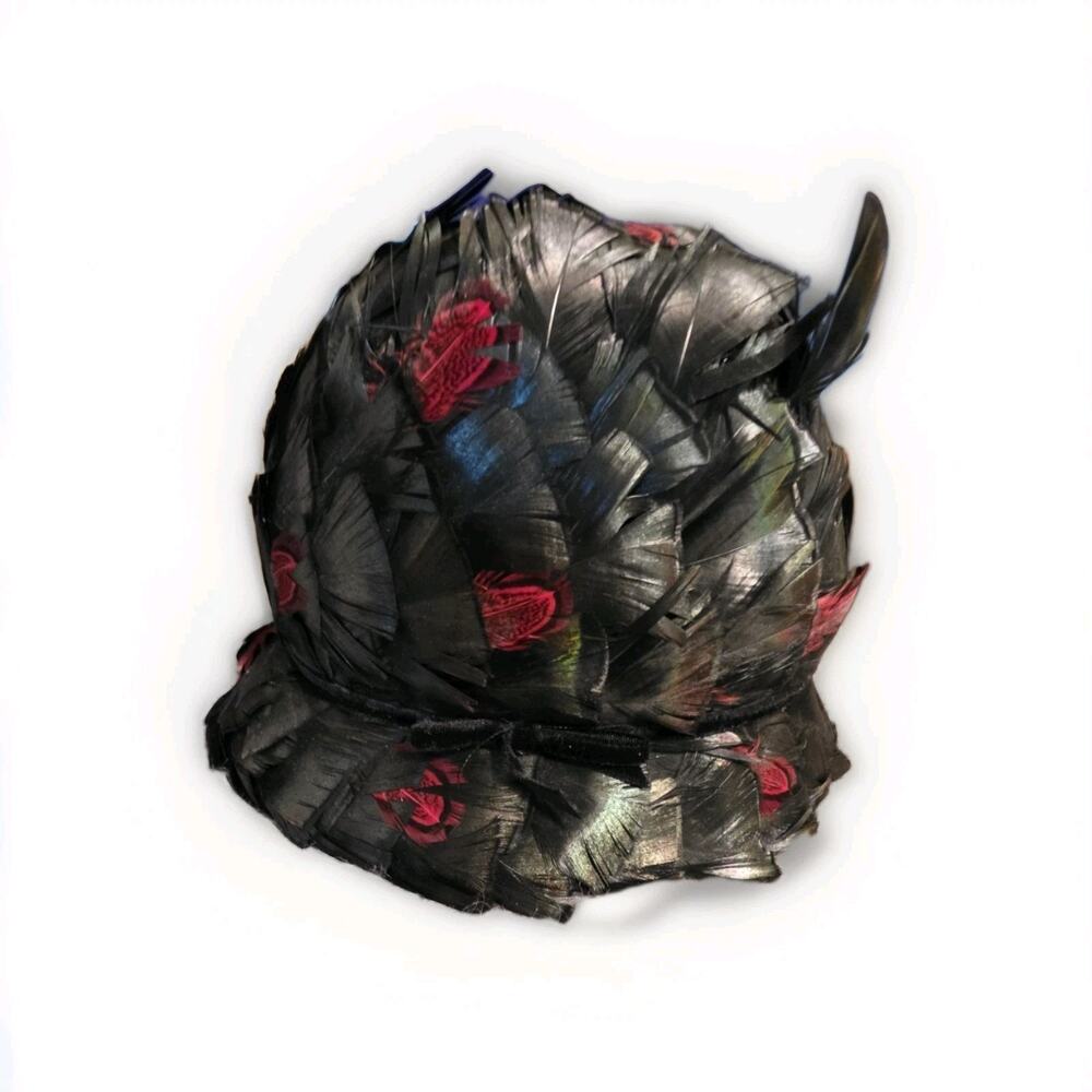 Vintage Black Feather Cocktail Hat Red Accents Union Made USA Formal Church Hat
